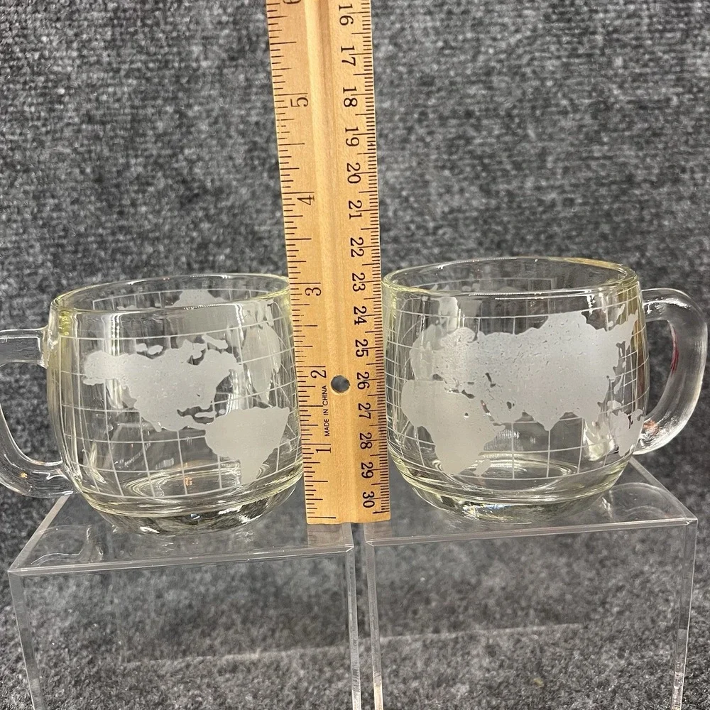 Nestle Nescafe World Map Globe Coffee Mugs Etched Glass 1970s Vintage Lot Of 2